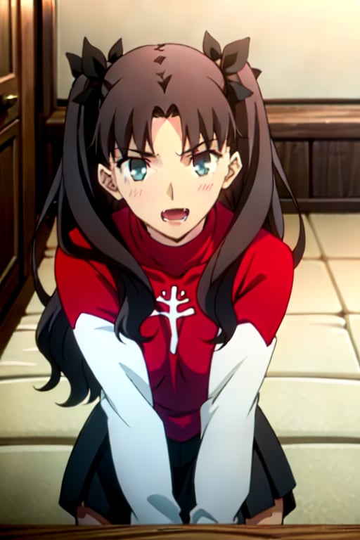 ((Rin R-18)),tohsaka rin, an anime girl looking towards the camera with an open mouth, 1girl, solo, fangs, open mouth, smile, blue eyes, looking at viewer1girl, solo, looking at the viewer, smile, slight blush, long hair, two side up, black hair, blue eyes, hair ribbon, red turtleneck, long sleeves, pleated skirt, black skirt, black thighhighs, indoors, room