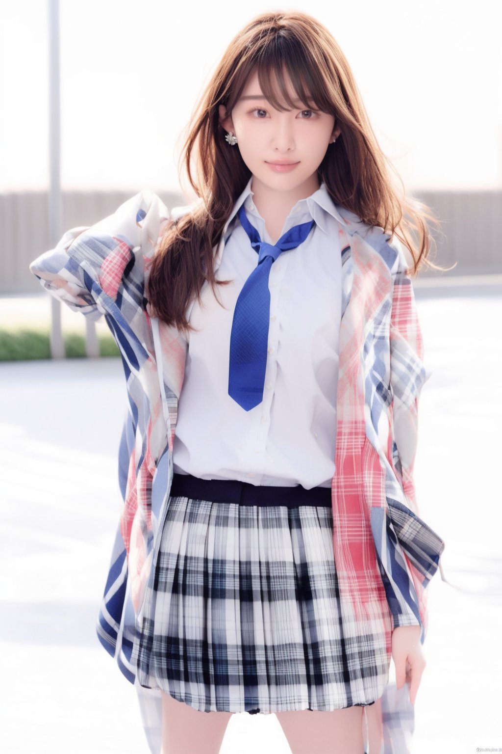 Haruna Kojima, 18 yo, 1 girl, beautiful Japanese girl, solo, {beautiful and detailed eyes}, brown eyes, calm expression, delicate facial features, ((model pose)), Glamor body type, (dark hair:1.2), simple tiny earrings, simple tiny necklacelong_hair, bangs, straight hair, flim grain, realhands, masterpiece, Best Quality, 16k, photorealistic, ultra-detailed, finely detailed, high resolution, perfect dynamic composition, beautiful detailed eyes, eye smile, ((nervous and embarrassed)), sharp-focus, ((full_body)), huge_breasts, 

AKB48 Kibouteki Refrain Seifuku, jacket, plaid, shirt, skirt, checkered, checkered_skirt, necktie, plaid_dress, plaid_jacket, plaid_pants, plaid_shirt, plaid_skirt, red_skirt, pleated_skirt, plaid_bow, plaid_headwear, plaid_necktie, plaid_neckwear, plaid_ribbon, plaid_scarf, school_uniform, white_shirt, bow, buttons, black_jacket, collared_shirt, long_sleeves, smile, cowboy_shot, HarunaK01, KojimaH01, AKB48Kibouteki