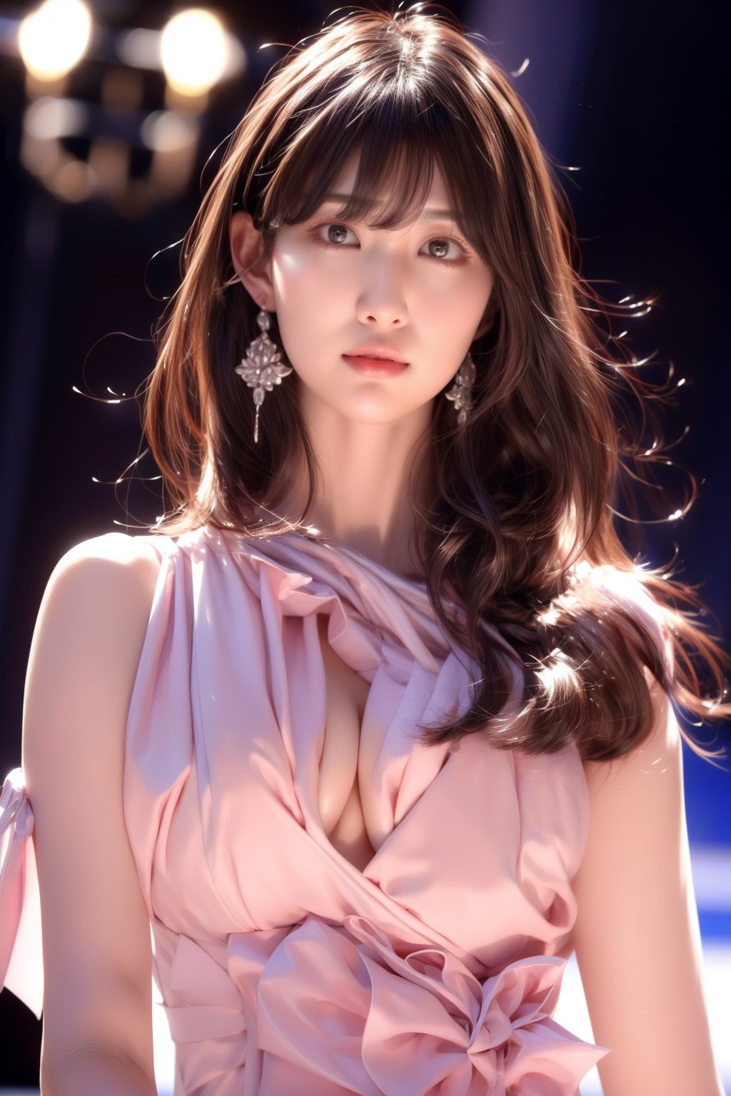 background is fashion show,stage,spot lights,runway,
Haruna Kojima, 18 yo, 1 girl, beautiful Japanese girl,fashion model, walking through runway,wearing a harmonious blend of historical elegance and contemporary fashion,smile, solo, {beautiful and detailed eyes}, brown eyes, calm expression, delicate facial features, ((model pose)), Glamor body type, (dark hair:1.2), simple tiny earrings, simple tiny necklacelong_hair, bangs, straight hair, flim grain, realhands, masterpiece, Best Quality, 16k, photorealistic, ultra-detailed, finely detailed, high resolution, perfect dynamic composition, beautiful detailed eyes, eye smile, ((nervous and embarrassed)), sharp-focus, ((full_body)), huge_breasts, cowboy_shot,midjourney,HarunaK01, KojimaH02