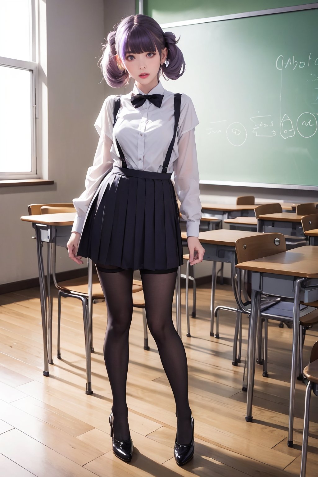 1girl, Haruna Kojima, see-through clothes, (lilac purple hair), (hair rings),  student clothes, (detailed classroom scene), (beautiful face),  full body,looking to the camera, hourglass figure, 18 year old girl, cleveage, school shoes, school pleated skirt, school white shirt, (black high heels), heel tip, sexy pose, full_body, with small earrings, fashionable hairstyle, school_uniform, school_shoes_black,arcane style,
, clothes with accessories, denier tights in beige, stockings_colorbeige, Reclaimed Vintage side cut out tights in black, clothes sexy, Bluebella garter suspender in black, large breasts,,girl,masterpiece,HarunaK02, KojimaH02