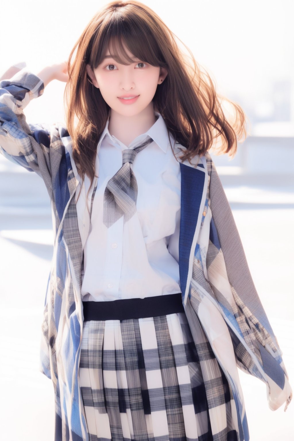 Haruna Kojima, 18 yo, 1 girl, beautiful Japanese girl, solo, {beautiful and detailed eyes}, brown eyes, calm expression, delicate facial features, ((model pose)), Glamor body type, (dark hair:1.2), simple tiny earrings, simple tiny necklacelong_hair, bangs, straight hair, flim grain, realhands, masterpiece, Best Quality, 16k, photorealistic, ultra-detailed, finely detailed, high resolution, perfect dynamic composition, beautiful detailed eyes, eye smile, ((nervous and embarrassed)), sharp-focus, ((full_body)), huge_breasts, 

AKB48 Kibouteki Refrain Seifuku, jacket, plaid, shirt, skirt, checkered, checkered_skirt, necktie, plaid_dress, plaid_jacket, plaid_pants, plaid_shirt, plaid_skirt, red_skirt, pleated_skirt, plaid_bow, plaid_headwear, plaid_necktie, plaid_neckwear, plaid_ribbon, plaid_scarf, school_uniform, white_shirt, bow, buttons, black_jacket, collared_shirt, long_sleeves, smile, cowboy_shot, AKB48Kibouteki,HarunaK02,HarunaK02