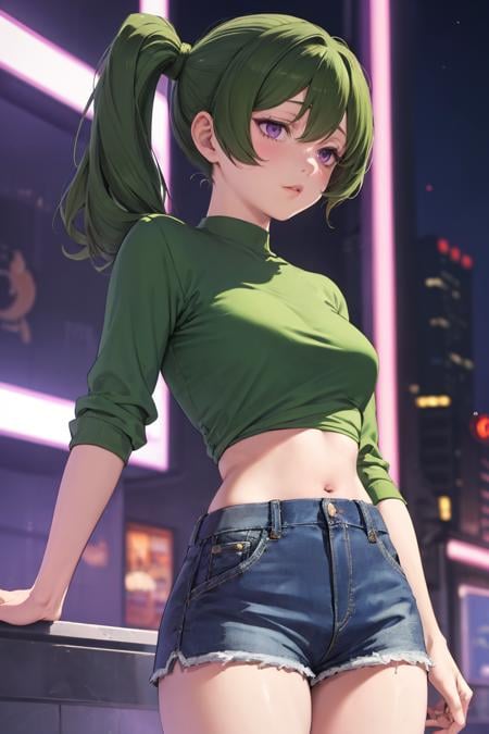 masterpiece, best quality, absurdres, 1girl, solo, UbelFrieren, purple eyes, side ponytail, stylish outfit, hip hop, green shirt, denim shorts, midriff, night, alley, neon lights, confident stance, <lora:UbelFrieren:1>