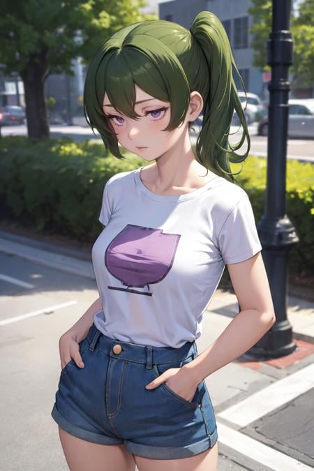 masterpiece, best quality, absurdres, 1girl, solo, UbelFrieren, purple eyes, side ponytail, t-shirt, denim shorts, standing, outdoors, city, hands in pockets, <lora:UbelFrieren:1>