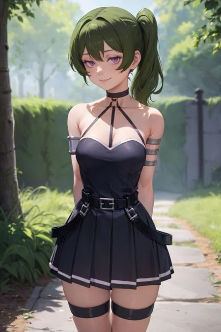 masterpiece, best quality, absurdres, 1girl, solo, UbelFrieren, purple eyes, side ponytail, black choker, arm strap, armlet, black dress, halter dress, belt, sleeveless, single glove, thigh strap, standing, arms behind back, smile, dark, dungeon, medieval, <lora:UbelFrieren:1>