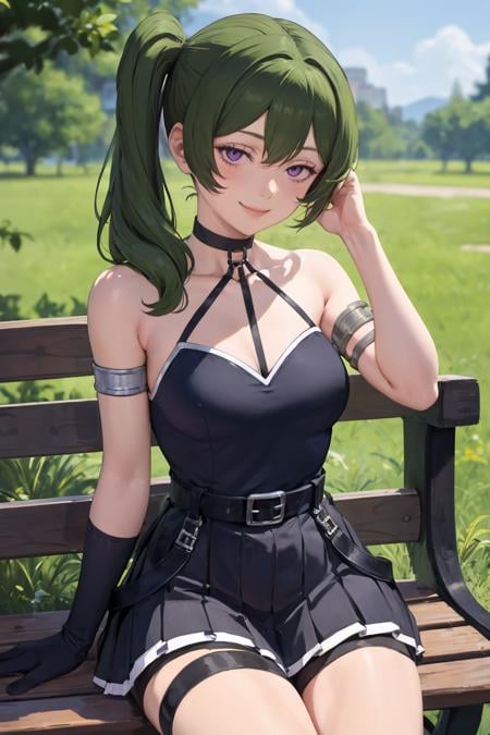 masterpiece, best quality, absurdres, 1girl, solo, UbelFrieren, purple eyes, side ponytail, black choker, arm strap, armlet, black dress, halter dress, belt, sleeveless, single glove, thigh strap, sitting, on bench, medieval village, head rest, smile, <lora:UbelFrieren:1>