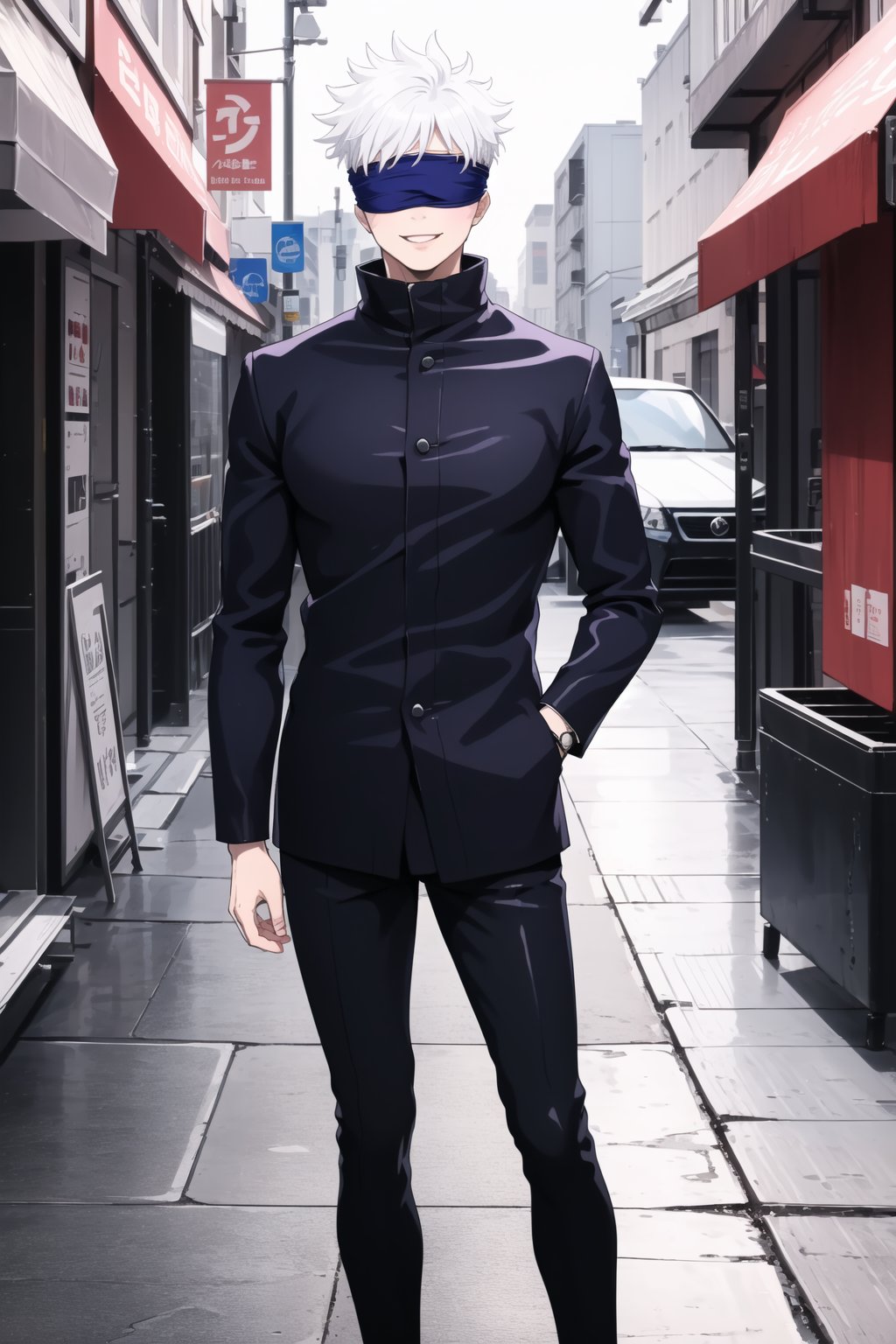 masterpiece,highres,high quality,extremely detailed,solo,outdoors, smile, SatoruGojo,1man, (blindfold:1.4),white hair,spiked hair, black jacket,popped collar, pants, loafers, stylish_pose,