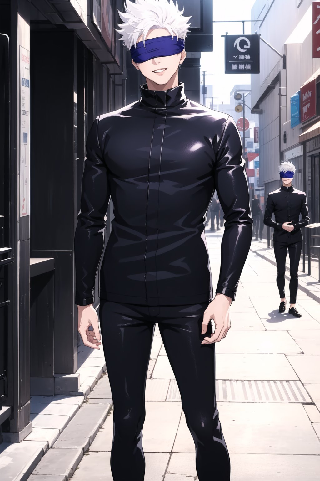 masterpiece,highres,high quality,extremely detailed,solo,outdoors, smile, SatoruGojo,1man, (blindfold:1.4),white hair,spiked hair, black jacket,popped collar, pants, loafers, stylish_pose,