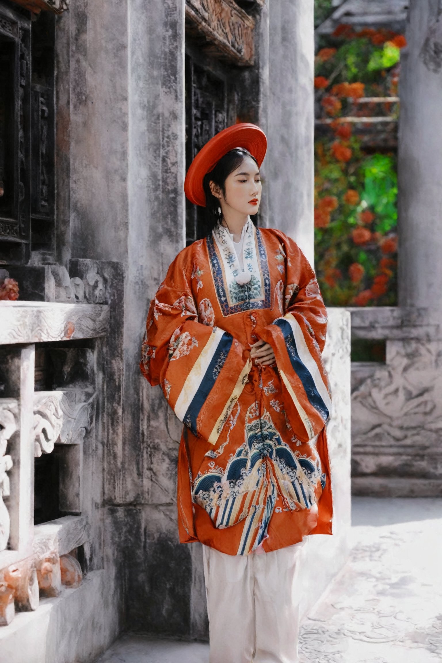 1girl, solo, black hair, long sleeves, hat, standing, full body, floral print, architecture, east asian architecture, nhat_binh