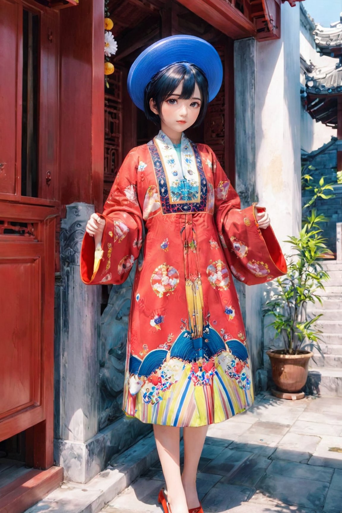 1girl, solo, looking at viewer, short hair, black hair, long sleeves, hat, dress, holding, standing, full body, wide sleeves, floral print, blue headwear, oudoors, nhat_binh,3D MODEL