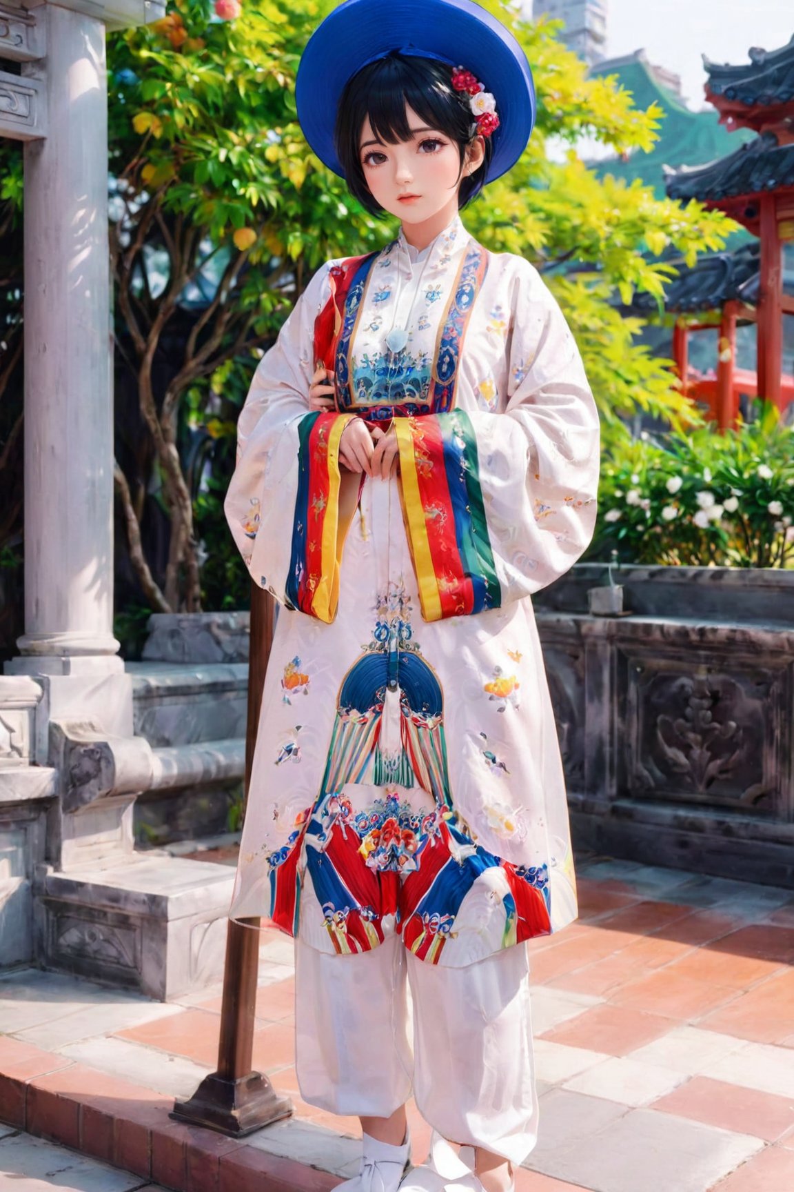 1girl, solo, looking at viewer, short hair, black hair, long sleeves, hat, dress, holding, standing, full body, wide sleeves, floral print, blue headwear, oudoors, nhat_binh,3D MODEL, white long silk pants