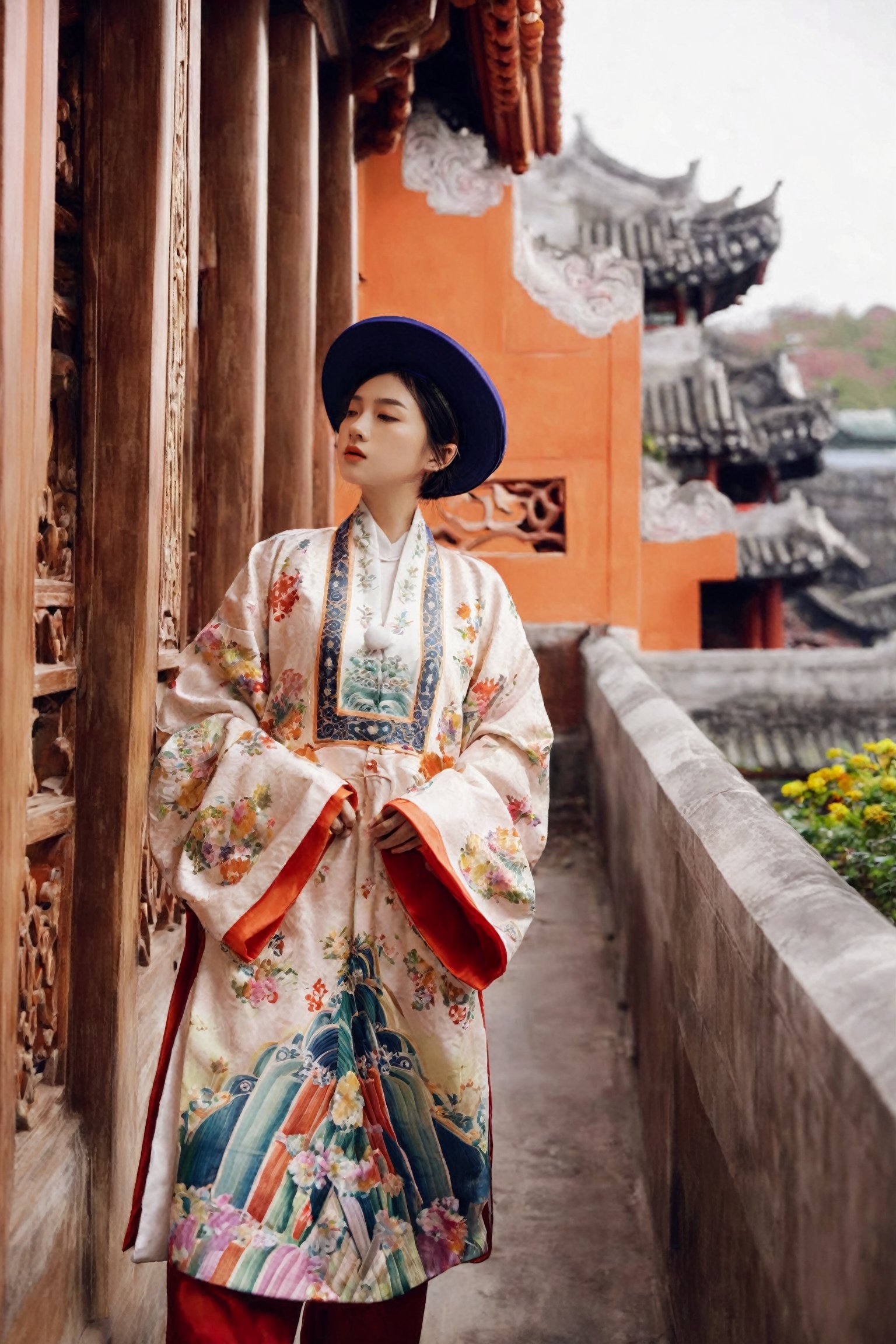 1girl, solo, short hair, black hair, long sleeves, hat, standing, full body, floral print, architecture, east asian architecture, nhat_binh, 