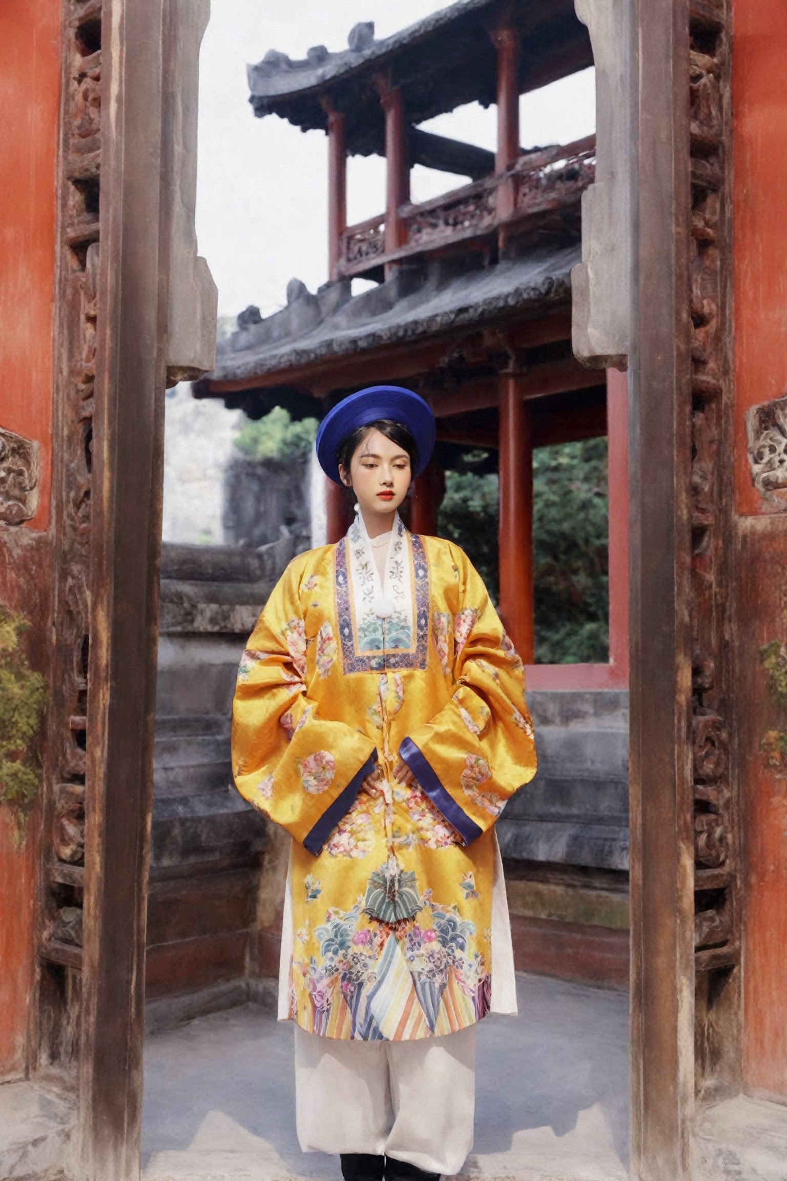 1girl, solo, short hair, black hair, long sleeves, hat, standing, full body, floral print, architecture, east asian architecture, nhat_binh, looking at viewer<lora:EMS-312929-EMS:0.800000>