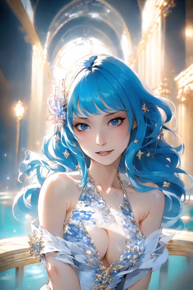 Portrait ((masterpiece)), ((best quality)), ((illustration)), extremely detailed,style girl, rare beauty,  long shot, topless, Sexual Seductive pose , dégradé hair, half nude, Sexual Seductive pose, beautiful detailed deep blue eyes, beautiful detailed sky, beautiful detailed water, cinematic lighting, facing_viewer, ,1 girl, scandal mami