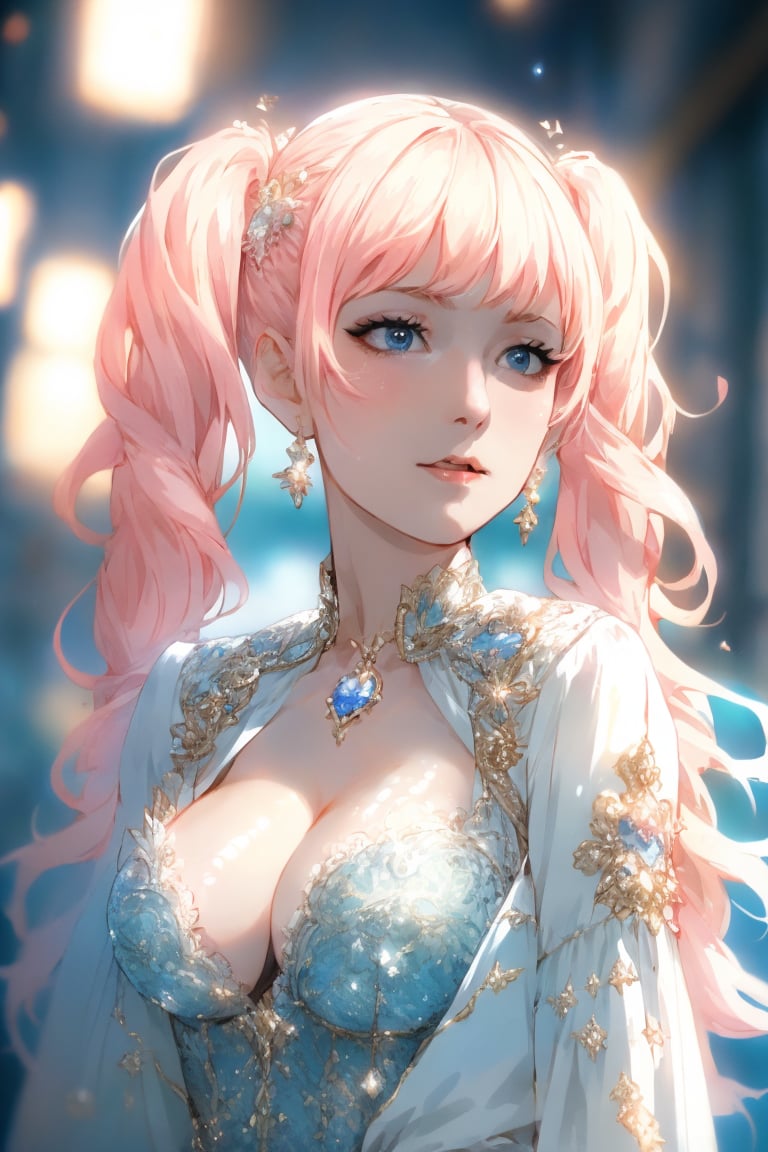 Portrait ((masterpiece)), ((best quality)), ((illustration)), extremely detailed,style girl, rare beauty,  long shot, sexy breast, twintails, dégradé hair, half nude, beautiful detailed deep blue eyes, beautiful detailed sky, beautiful detailed water, cinematic lighting, facing_viewer, ,1 girl, scandal mami