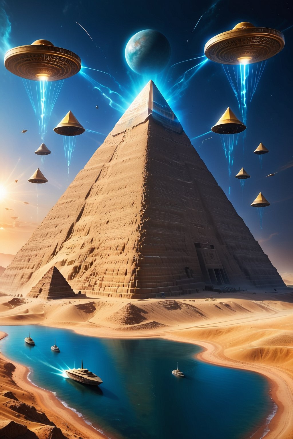 Step into a world where the past and the future collide - witness the enigmatic Egyptian pyramids surrounded by a fleet of UFOs, their advanced technology a stark contrast to the ancient structures.