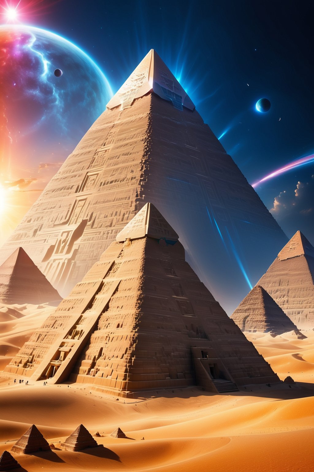 Unleash your imagination and explore the possibilities of a parallel universe - envision a sky filled with UFOs hovering over the iconic Egyptian pyramids, their sleek metallic bodies a stark contrast to the sandy landscape.