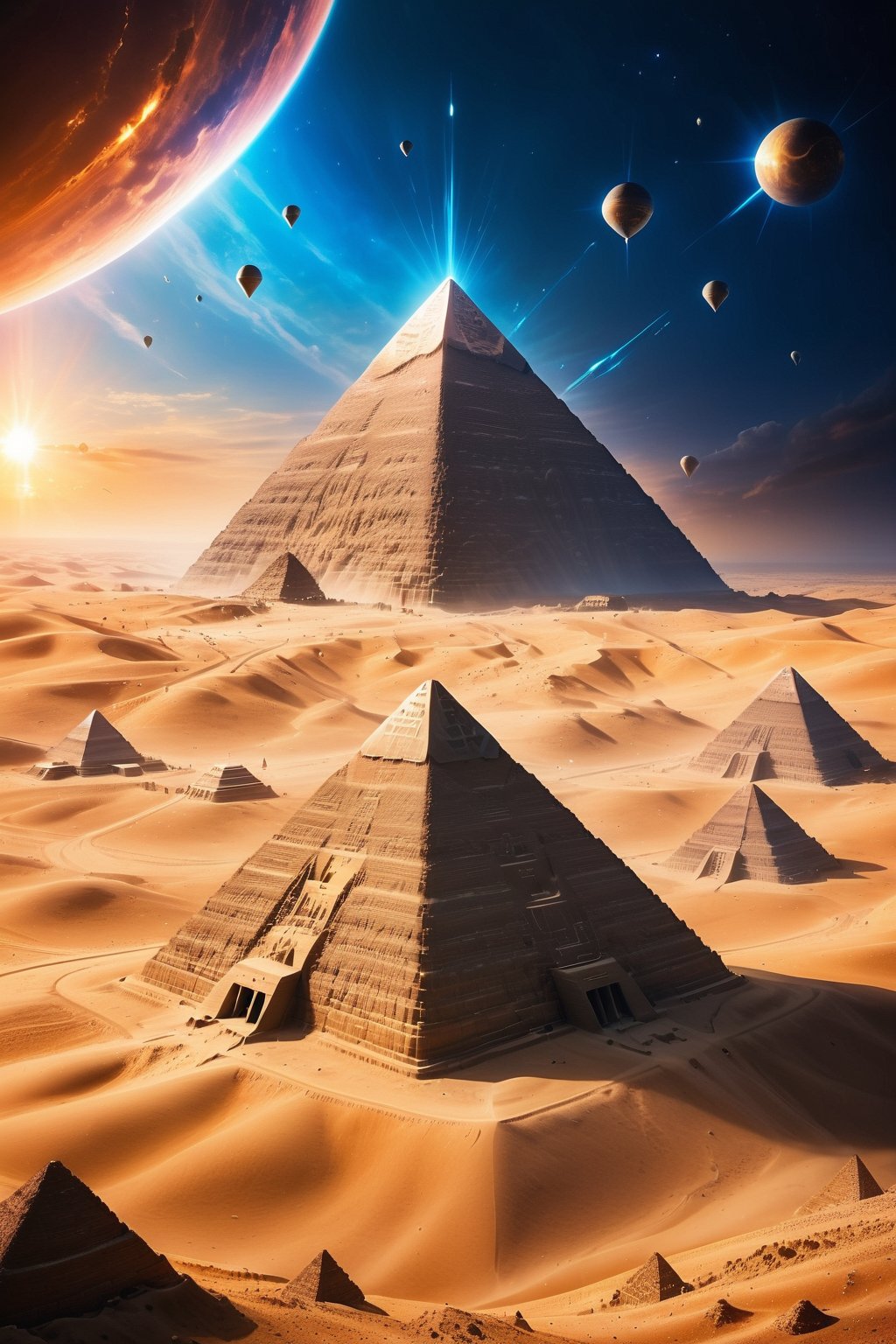 Step into a world where the past and the future collide - witness the enigmatic Egyptian pyramids surrounded by a fleet of UFOs, their advanced technology a stark contrast to the ancient structures.