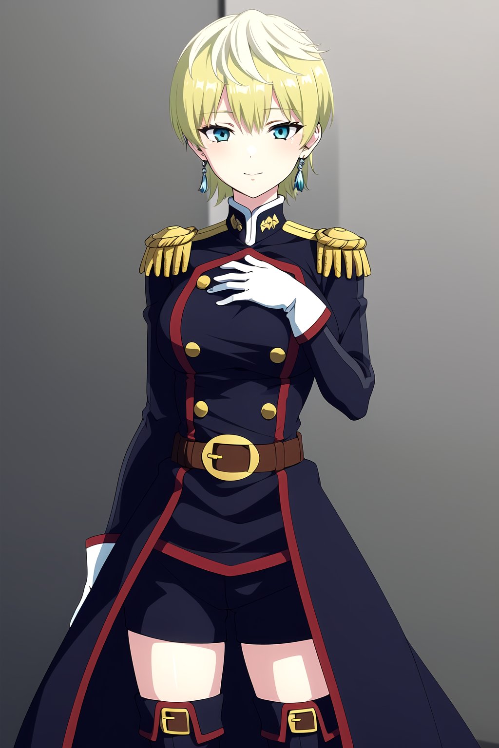 Tenka Izumo, 1girl, solo, green hair, earrings, blonde hair, blue eyes, breasts, green hair, looking at viewer, short hair, thighhighs, gloves, boots, shorts, epaulettes, thigh boots, belt, black shorts, white gloves, uniform, black footwear, hand on own chest, standing, coat, short shorts, <lora:Tenka Izumo anylora14r29r-000006:0.7>, gray background,, masterpiece, best quality, highres,