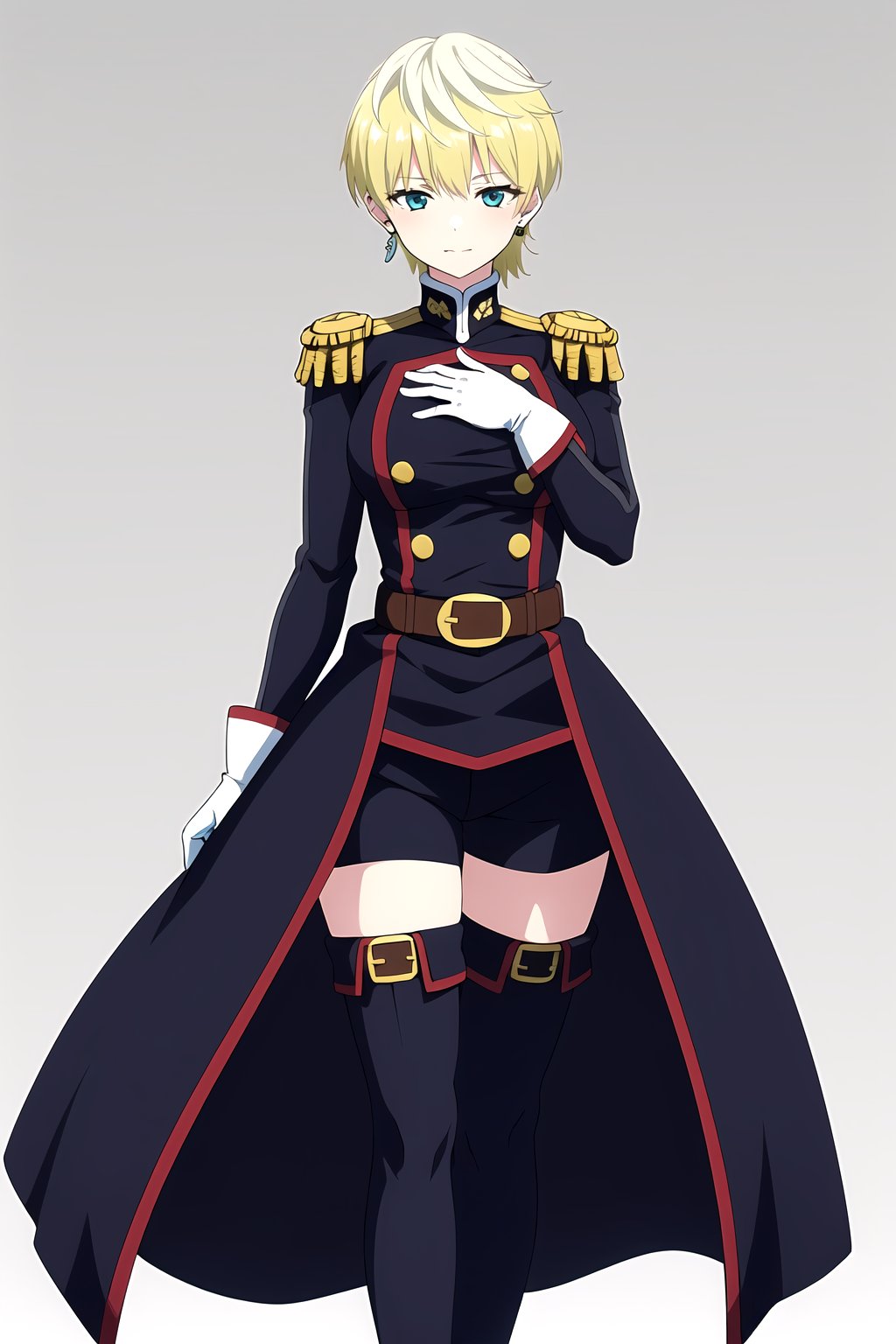 Tenka Izumo, 1girl, solo, green hair, earrings, blonde hair, blue eyes, breasts, green hair, looking at viewer, short hair, thighhighs, gloves, boots, shorts, epaulettes, thigh boots, belt, black shorts, white gloves, uniform, black footwear, hand on own chest, standing, coat, short shorts, <lora:Tenka Izumo anylora14r29r-000006:0.7>, gray background,, masterpiece, best quality, highres,