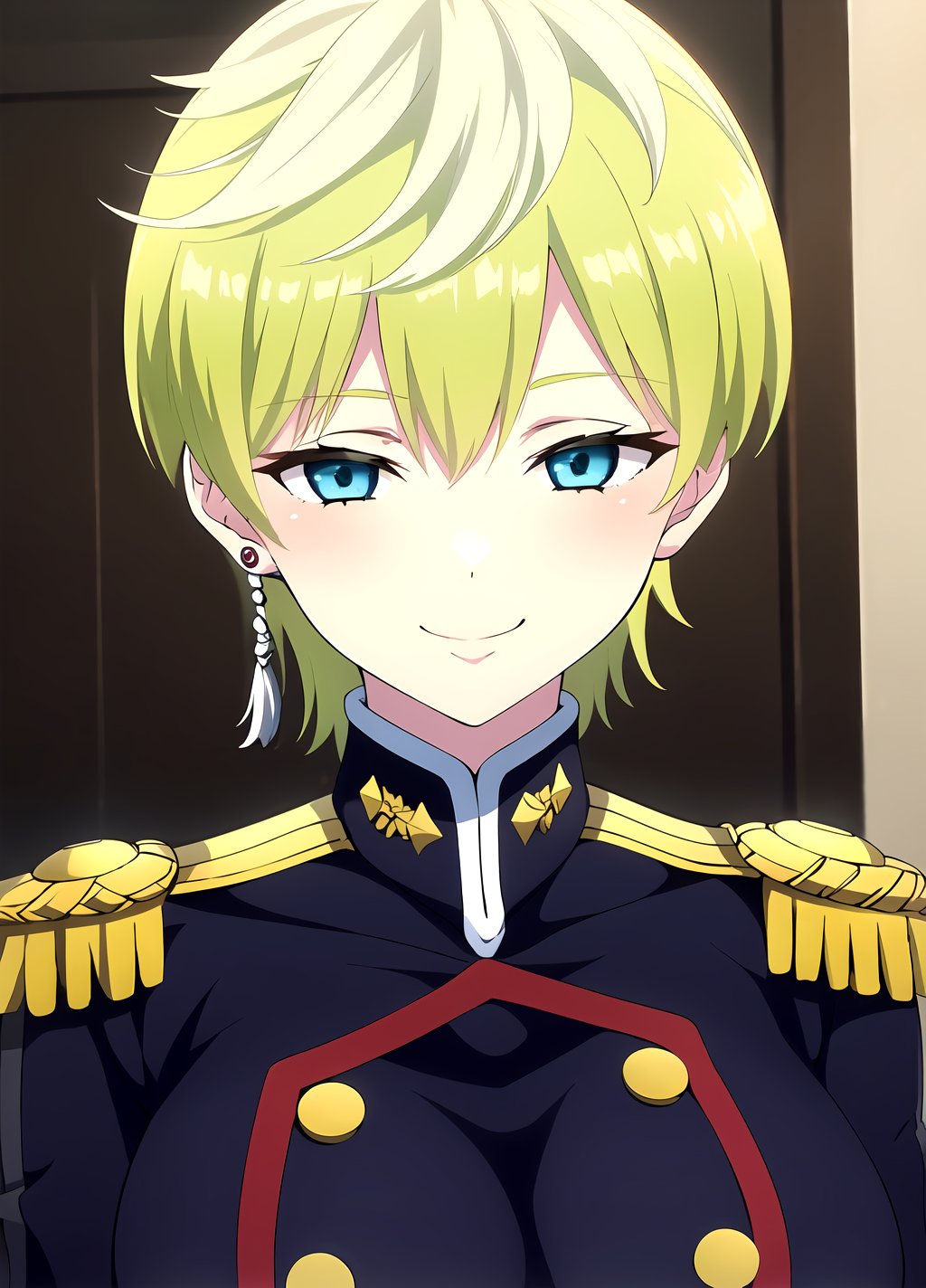 Tenka Izumo, 1girl, solo, earrings, jewelry, short hair, uniform, blue eyes, epaulettes, smile, blonde hair, upper body, green hair, looking at viewer, <lora:Tenka Izumo anylora14r29r-000006:0.8>, masterpiece, best quality, highres,