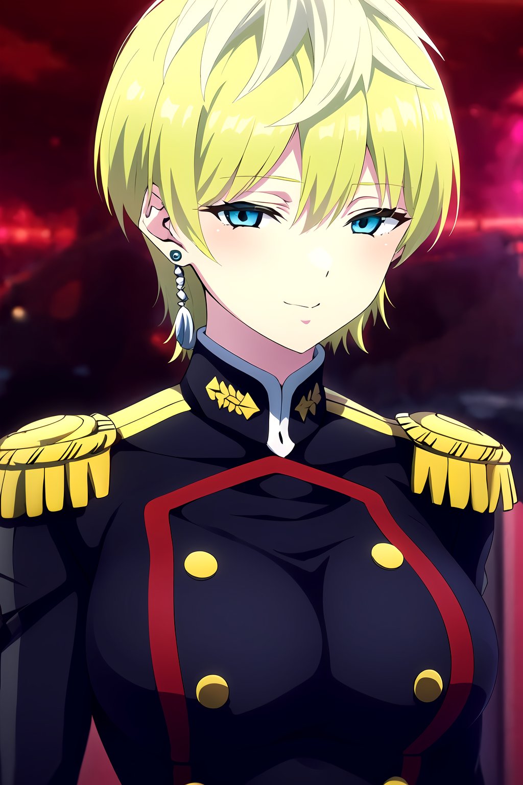 Tenka Izumo, 1girl, solo, earrings, jewelry, short hair, uniform, blue eyes, epaulettes, blonde hair, upper body, green hair, looking at viewer, <lora:Tenka Izumo anylora14r29r-000006:0.8>,, masterpiece, best quality, highres,