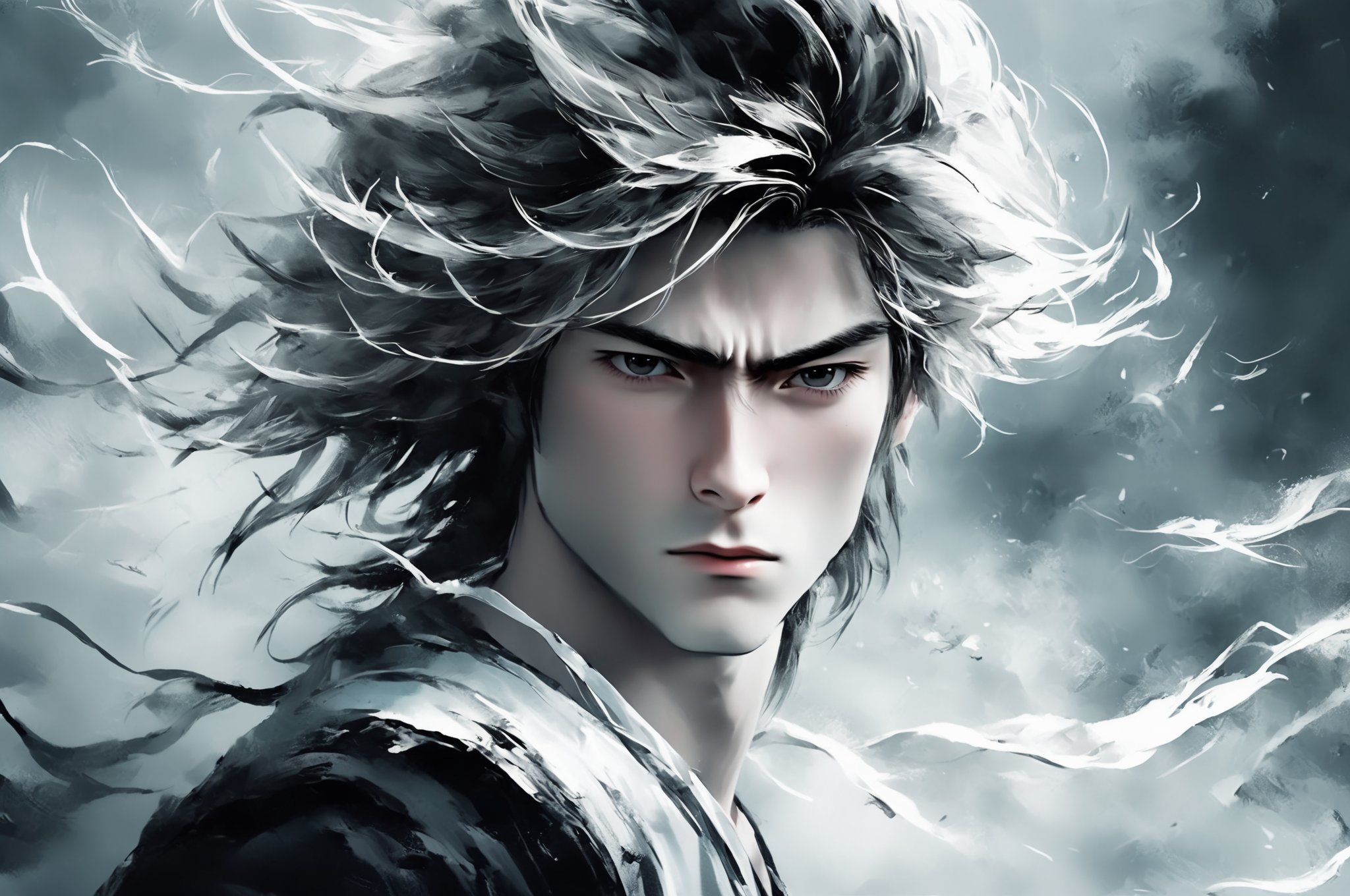 1boy,A cartoon style illustration in ink painting style, using black and white tones, depicting a character with long hair. The character's gaze is firm, as if facing some kind of challenge or conflict. His hair fluttered in the wind, giving people a sense of movement and vitality. The overall color tone is cooler, combined with the blurry effect of the background, adding a mysterious and tense atmosphere to the picture.