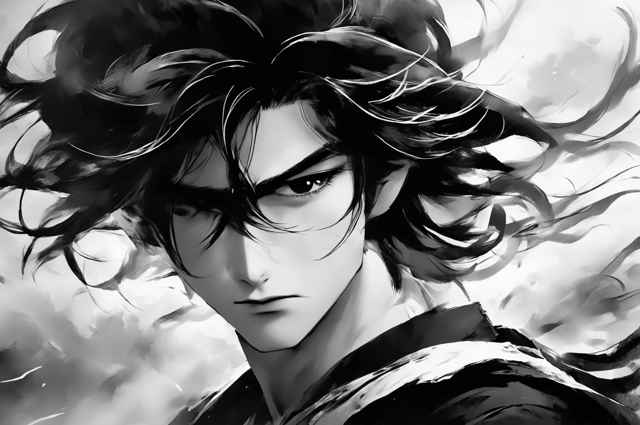 1boy,A cartoon style illustration in ink painting style, using black and white tones, depicting a character with long hair. The character's gaze is firm, as if facing some kind of challenge or conflict. His hair fluttered in the wind, giving people a sense of movement and vitality. The overall color tone is cooler, combined with the blurry effect of the background, adding a mysterious and tense atmosphere to the picture.