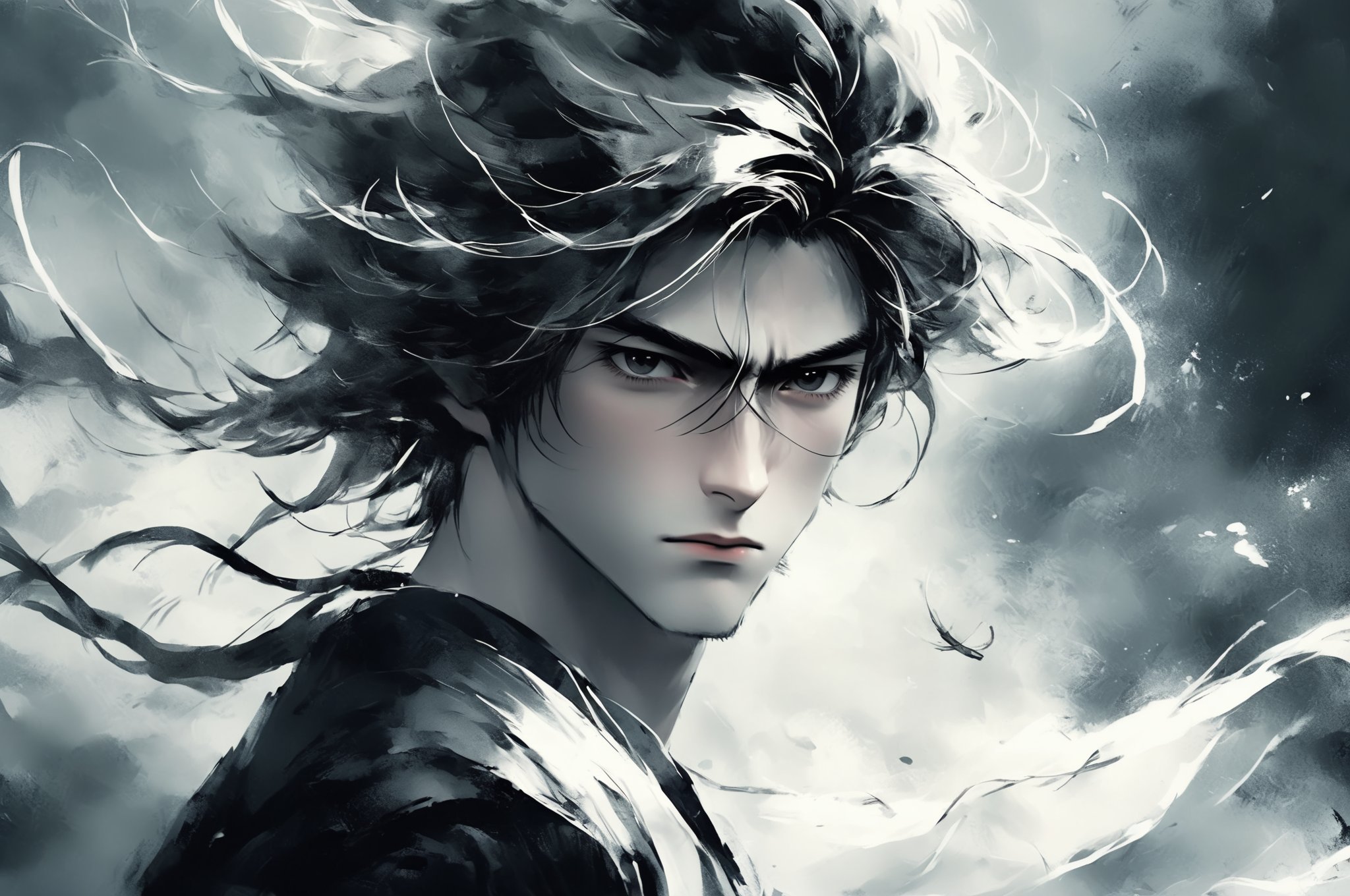 1boy,A cartoon style illustration in ink painting style, using black and white tones, depicting a character with long hair. The character's gaze is firm, as if facing some kind of challenge or conflict. His hair fluttered in the wind, giving people a sense of movement and vitality. The overall color tone is cooler, combined with the blurry effect of the background, adding a mysterious and tense atmosphere to the picture.