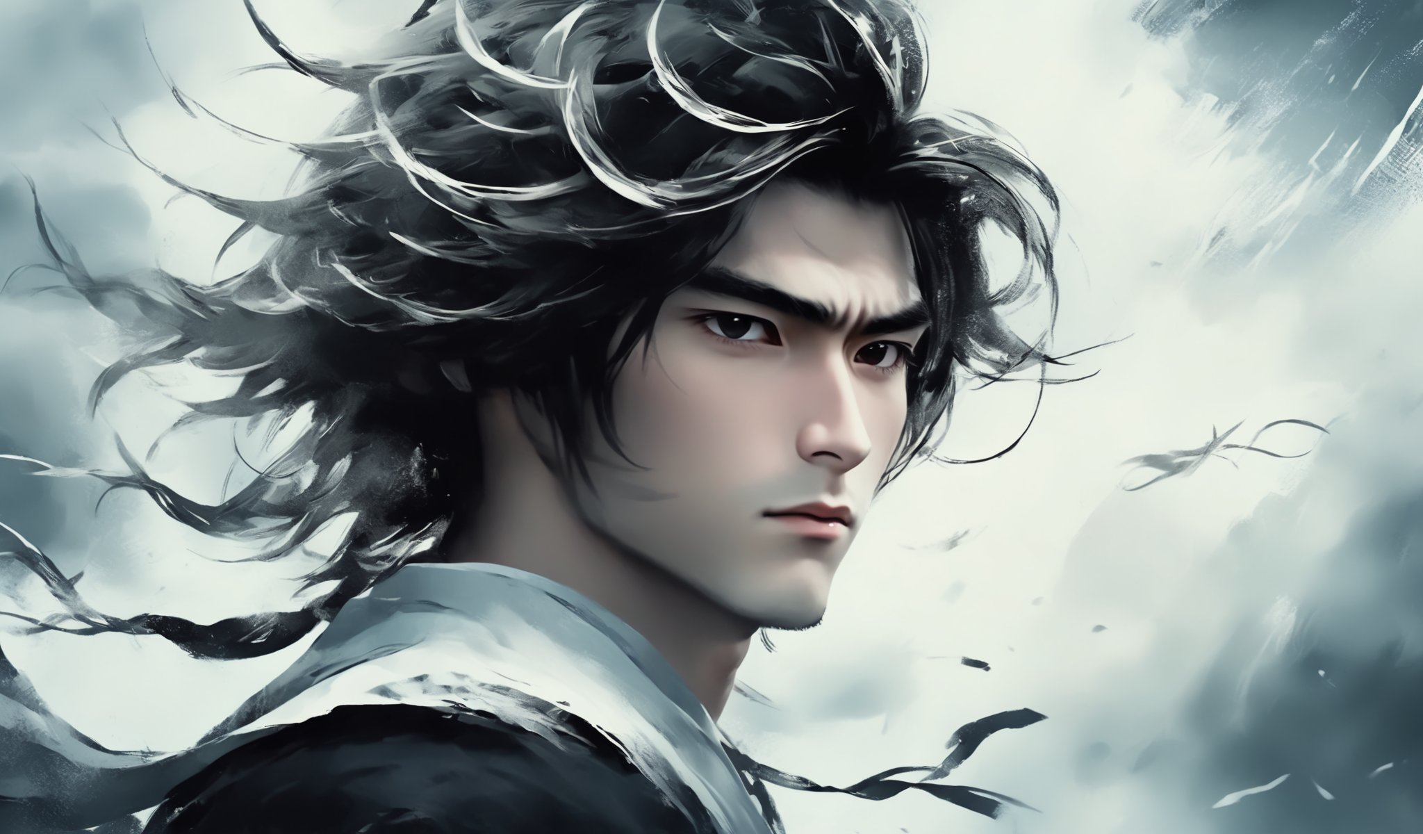 1boy,A cartoon style illustration in ink painting style, using black and white tones, depicting a character with long hair. The character's gaze is firm, as if facing some kind of challenge or conflict. His hair fluttered in the wind, giving people a sense of movement and vitality. The overall color tone is cooler, combined with the blurry effect of the background, adding a mysterious and tense atmosphere to the picture.