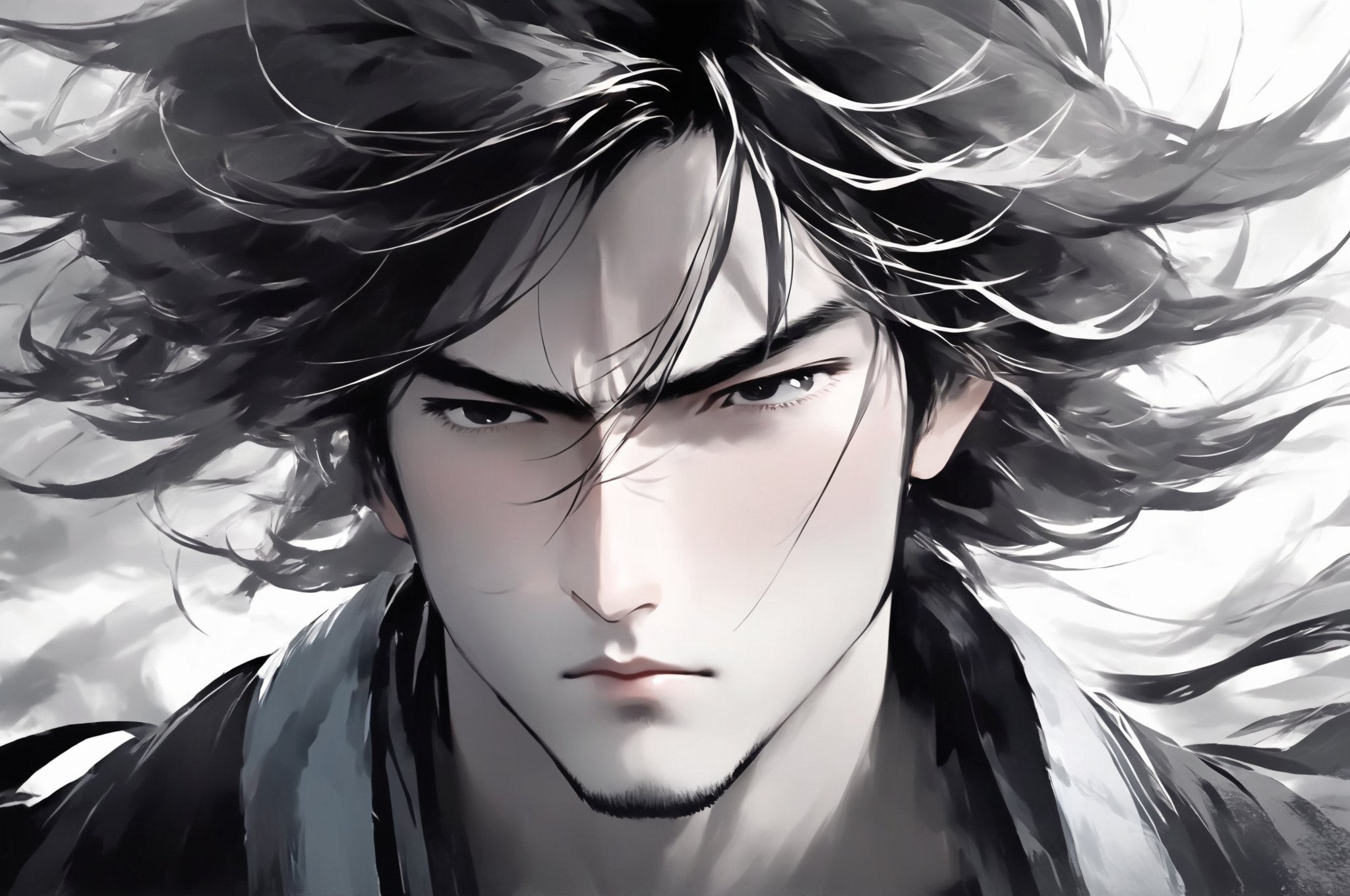 1boy,A cartoon style illustration in ink painting style, using black and white tones, depicting a character with long hair. The character's gaze is firm, as if facing some kind of challenge or conflict. His hair fluttered in the wind, giving people a sense of movement and vitality. The overall color tone is cooler, combined with the blurry effect of the background, adding a mysterious and tense atmosphere to the picture.