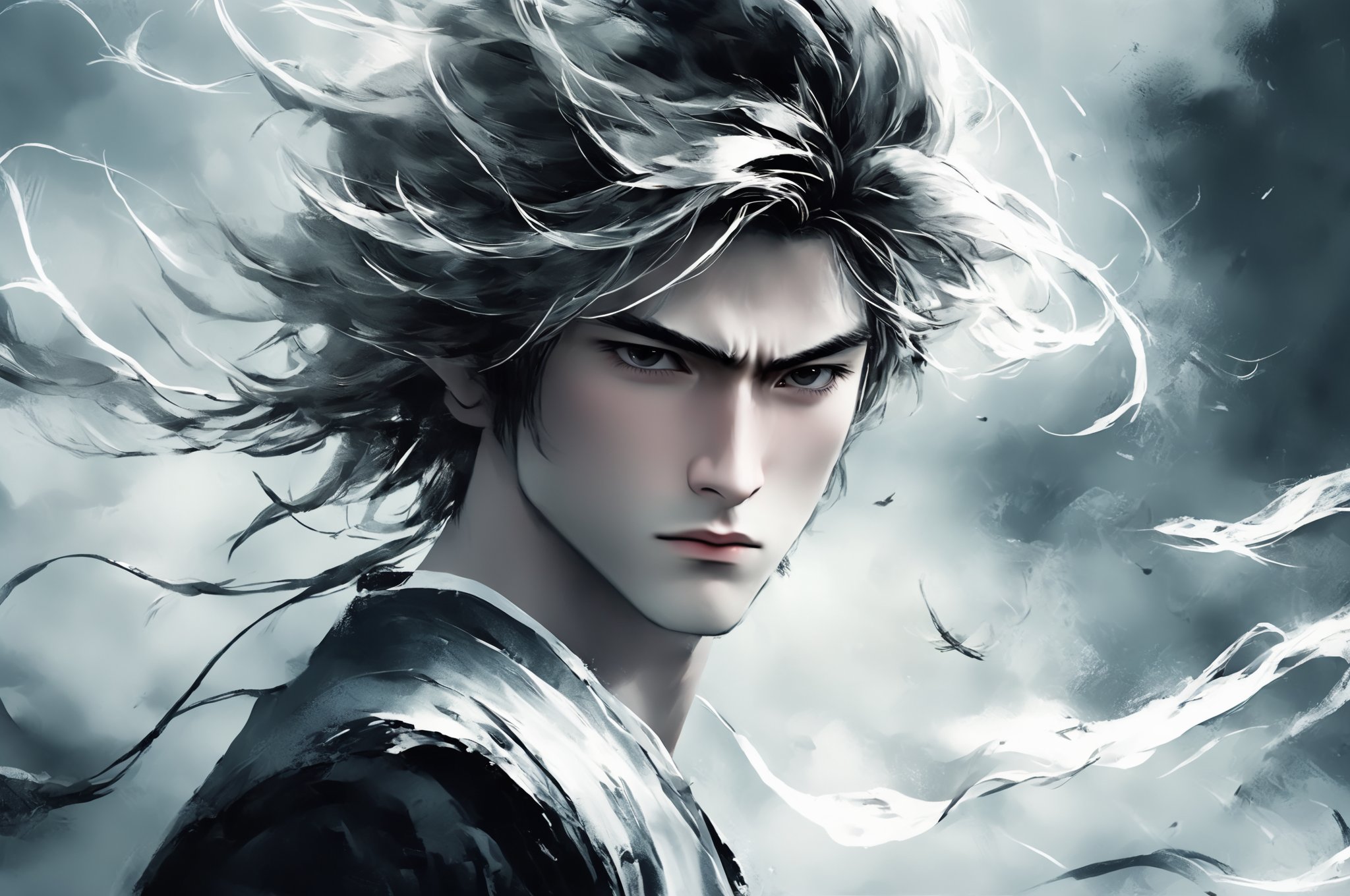 1boy,A cartoon style illustration in ink painting style, using black and white tones, depicting a character with long hair. The character's gaze is firm, as if facing some kind of challenge or conflict. His hair fluttered in the wind, giving people a sense of movement and vitality. The overall color tone is cooler, combined with the blurry effect of the background, adding a mysterious and tense atmosphere to the picture.