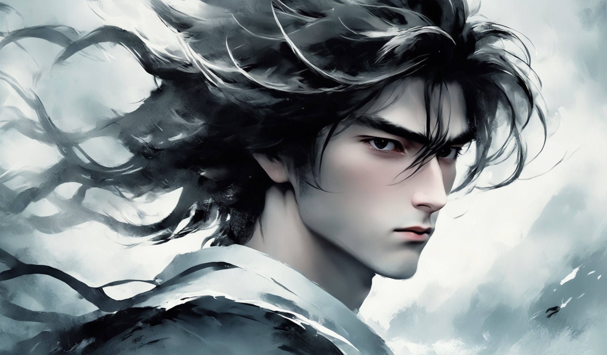 1boy,A cartoon style illustration in ink painting style, using black and white tones, depicting a character with long hair. The character's gaze is firm, as if facing some kind of challenge or conflict. His hair fluttered in the wind, giving people a sense of movement and vitality. The overall color tone is cooler, combined with the blurry effect of the background, adding a mysterious and tense atmosphere to the picture.