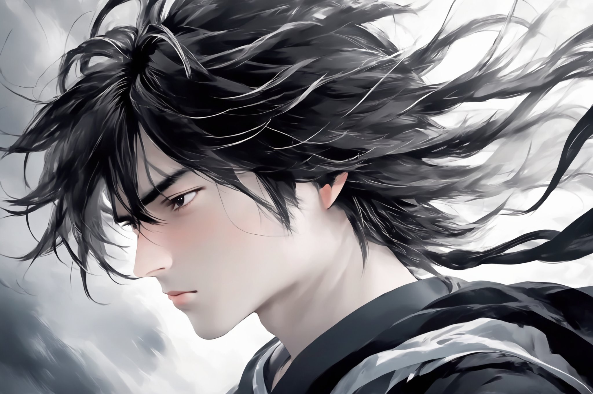 1boy,A cartoon style illustration in ink painting style, using black and white tones, depicting a character with long hair. The character's gaze is firm, as if facing some kind of challenge or conflict. His hair fluttered in the wind, giving people a sense of movement and vitality. The overall color tone is cooler, combined with the blurry effect of the background, adding a mysterious and tense atmosphere to the picture.