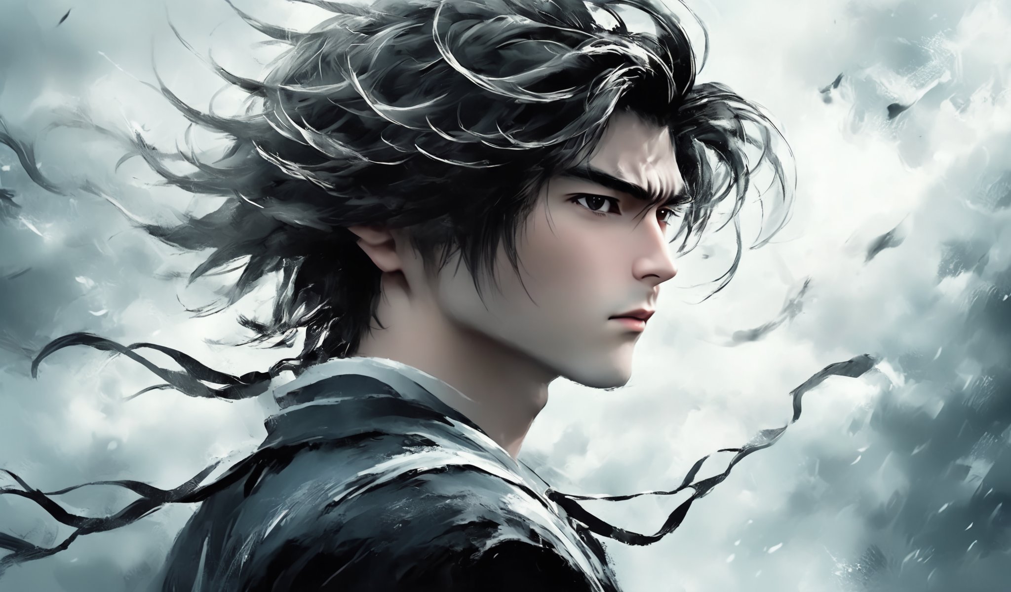 1boy,A cartoon style illustration in ink painting style, using black and white tones, depicting a character with long hair. The character's gaze is firm, as if facing some kind of challenge or conflict. His hair fluttered in the wind, giving people a sense of movement and vitality. The overall color tone is cooler, combined with the blurry effect of the background, adding a mysterious and tense atmosphere to the picture.