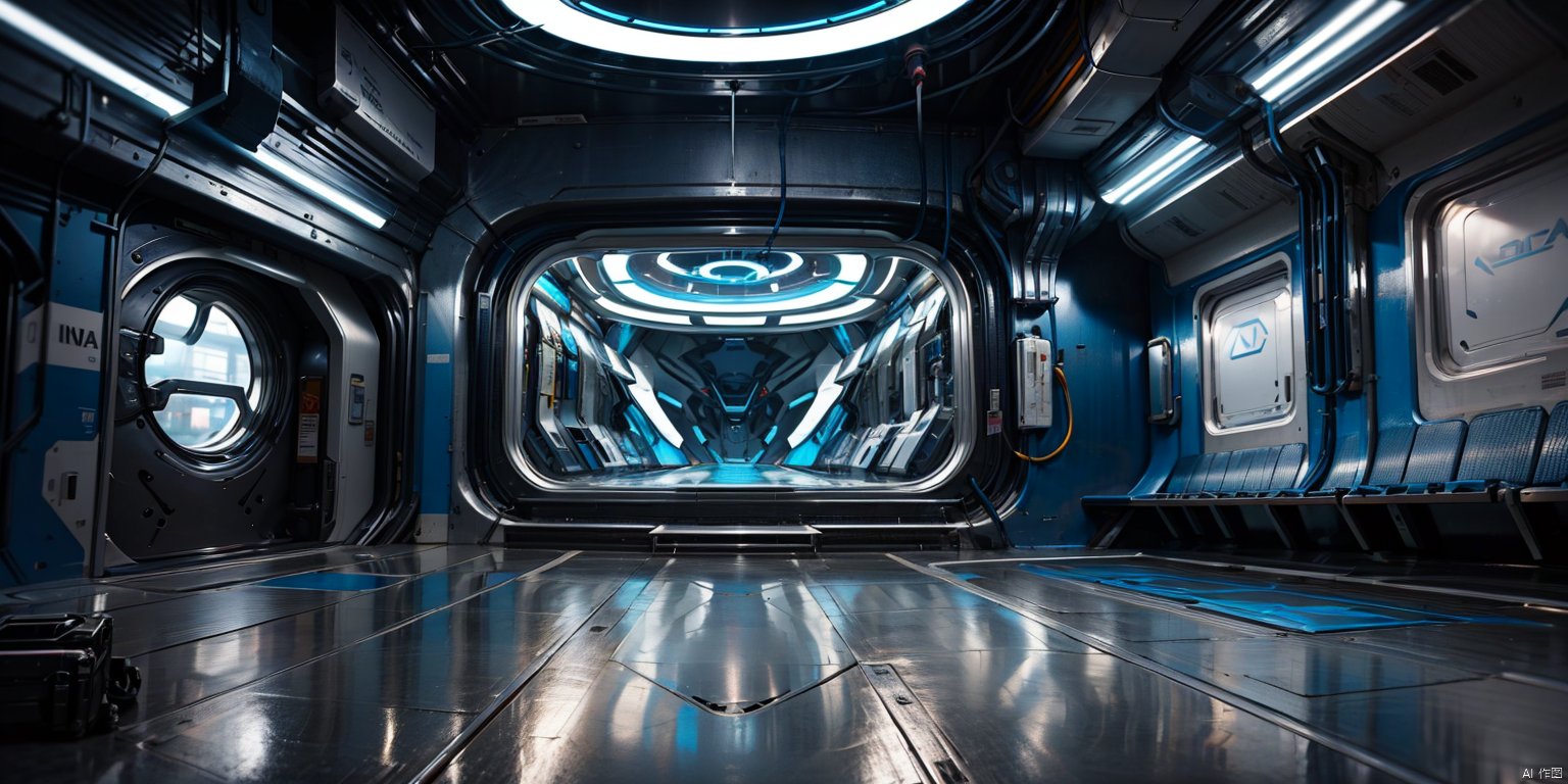 Masterpiece, high-quality, 8K, futuristic laboratory, A futuristic elevator shaft through a dark blue tunnel, in the style of light sky-blue and light white, circular abstraction, sleek metallic finish, digital constructivism, futuristic cityscapes, chrome-plated, innovating techniques
