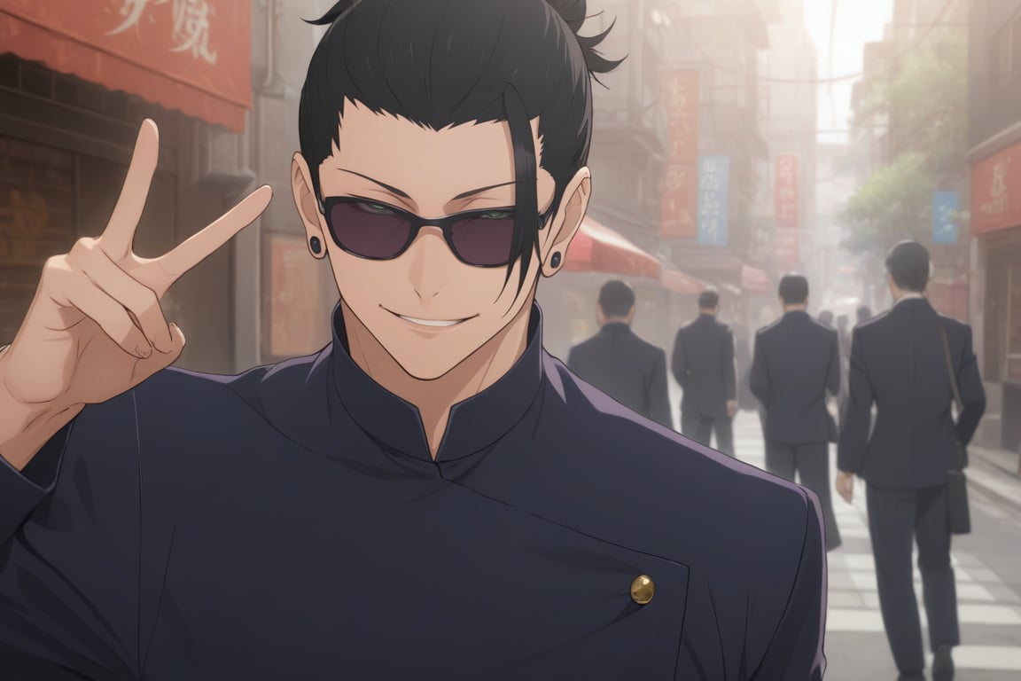 1boy, black_hair,hair_bun,gakuran,dynamic_pose,cowboy_shot,peace_sign,sunglasses,smirk,black_eyes,ear_peircing,(masterpiece,best quality,highres:1.3),detailed_face,solo_focus,alone,Getou Suguru ,looking_at_viewer,detailed_eyes,black_eyes