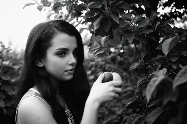 analog photo, a cute girl, 22 years old, holding an apple, in the garden of eden, innocent, Porta 160 color, shot on ARRI ALEXA 65, bokeh, sharp focus on subject, shot by Don McCullin, nsfw, (shot with vintage Carl Zeiss Sonar lens:0.895), (shallow depth, cinematic grading, low key light, analog style, dark shot, toxic vapor, milky mist, film grain, spooky, gloomy:1.125)