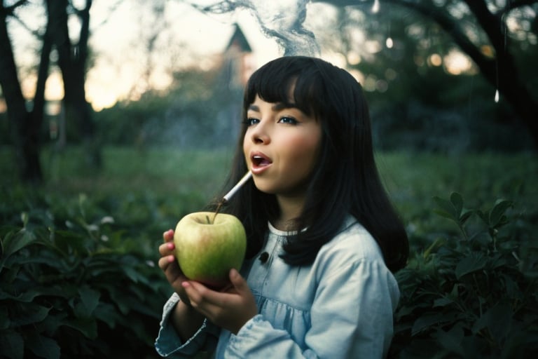 analog photo, a cute girl, 22 years old, holding an apple, in the garden of eden, innocent, Porta 160 color, shot on ARRI ALEXA 65, bokeh, sharp focus on subject, shot by Don McCullin, nsfw, (shot with vintage Carl Zeiss Sonar lens:0.895), (shallow depth, cinematic grading, low key light, analog style, dark shot, toxic vapor, milky mist, film grain, spooky, gloomy:1.125)