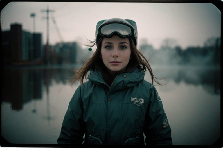 analog photo, a cute girl, bihari, 20 years old, light brown hair, petite, small tits, ski suit, zoom layer cyberpunk city, vintage, faded film, film grain, polaroid, (white frame:0.9), (shot with vintage Carl Zeiss Sonar lens:0.895), (shallow depth, cinematic grading, low key light, analog style, dark shot, toxic vapor, milky mist, film grain, spooky, gloomy:1.125)