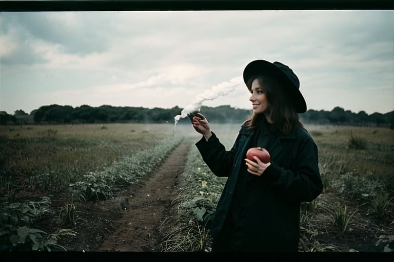 analog photo, a cute girl, 22 years old, holding an apple, in the garden of eden, innocent, Porta 160 color, shot on ARRI ALEXA 65, bokeh, sharp focus on subject, shot by Don McCullin, nsfw, (shot with vintage Carl Zeiss Sonar lens:0.895), (shallow depth, cinematic grading, low key light, analog style, dark shot, toxic vapor, milky mist, film grain, spooky, gloomy:1.125)