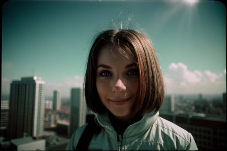 analog photo, a cute girl, bihari, 20 years old, light brown hair, petite, small tits, ski suit, zoom layer cyberpunk city, vintage, faded film, film grain, polaroid, (white frame:0.9), (shot with vintage Carl Zeiss Sonar lens:0.895), (shallow depth, cinematic grading, low key light, analog style, dark shot, toxic vapor, milky mist, film grain, spooky, gloomy:1.125)