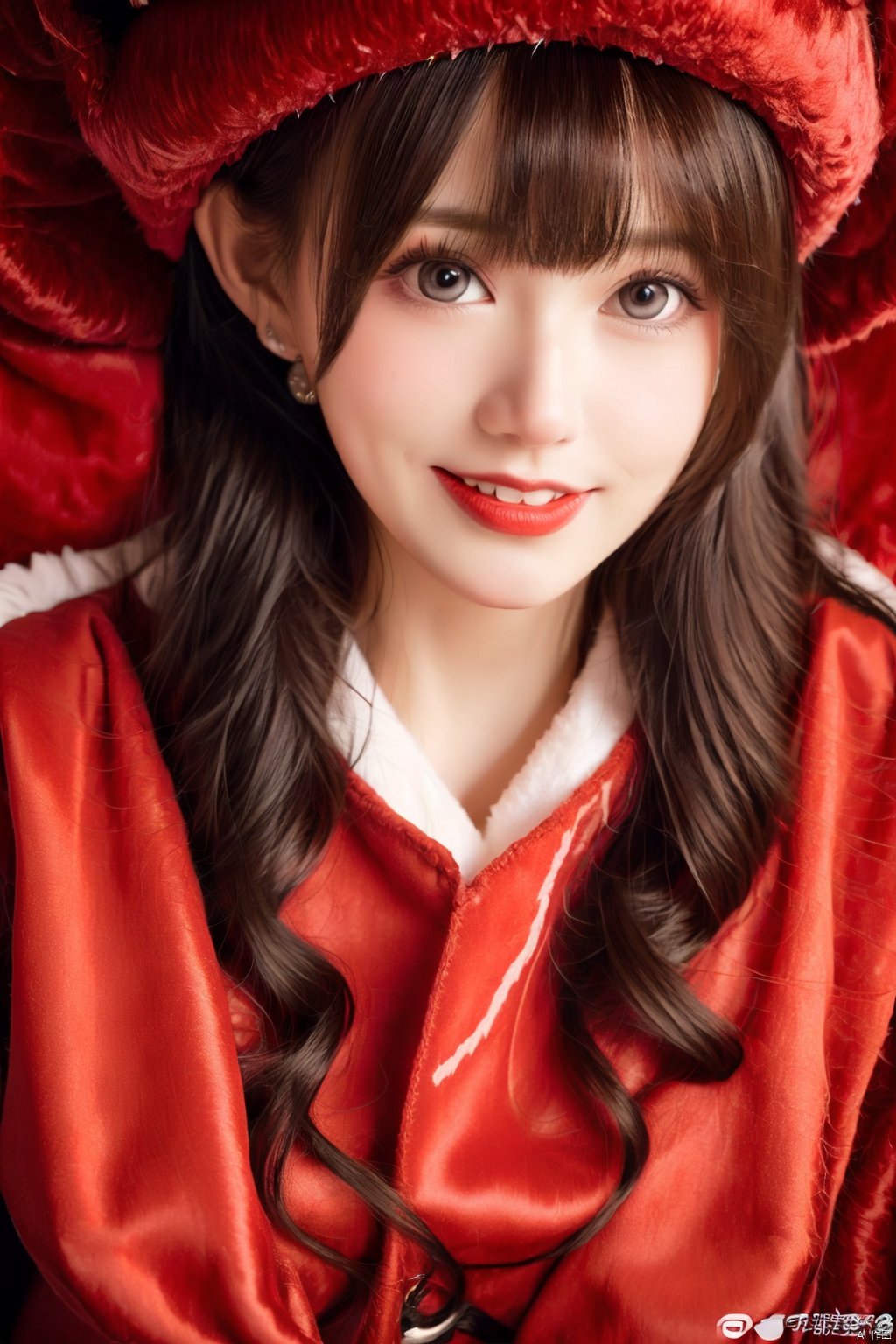  masterpiece, best quality, 1girl, red background, black hair, Long curly hair, face front, ((red fashion silk lone costume with red swirling vortexes pattern)), ((Red Plush Fur Hat)), emotional face, (close up portrait), make up, studio light, studio, ((poakl)), poakl ggll girl,laughing