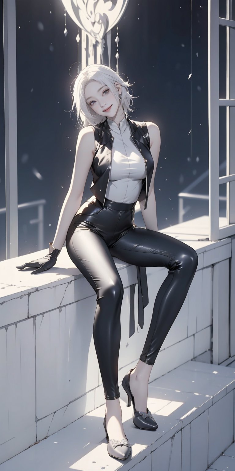 official art, anime screencap,1girl, smile, head tilt, jett \(valorant\), white hair, black gloves, shoulder pads, black pants, cropped sleeveless jacket, sitting, ledge, building, ,