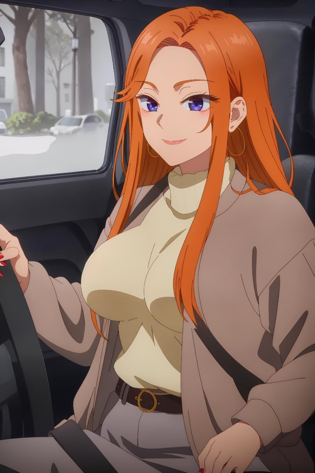 ((best quality)),((highly detailed)),masterpiece,absurdres,detailed face,beautiful face,(detailed eyes, deep eyes),1girl,((dynamic pose)) ,  <lora:MaiV1-000010:0.8>, Mai, purple eyes, car interior, orange hair, long hair, solo, breasts, seatbelt, motor vehicle, between breasts, earrings, ground vehicle, jewelry, sweater, car, turtleneck, smile, large breasts, belt, nail polish, red nails, sitting, strap between breasts, turtleneck sweater, jacket, hoop earrings, fingernails, driving, lipstick, makeup, steering wheel, long fingernails, lips, white sweater, medium breasts, skirt, long sleeves, sidelocks, closed mouth, bangs