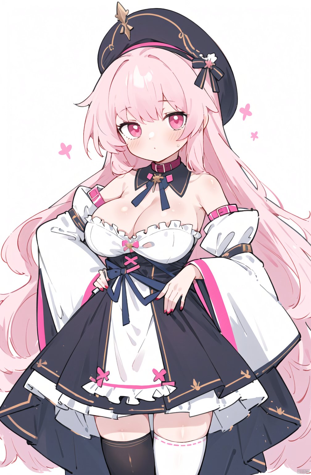 1girl,solo,long hair,breasts,looking at viewer,blush,large breasts,thighhighs,dress,cleavage,bare shoulders,very long hair,pink hair,thighs,frills,detached sleeves,wide sleeves,pink eyes,white dress,white thighhighs,detached collar,frilled dress,