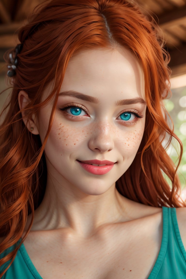 (best quality, 4k, 8k, highres, masterpiece:1.2), ultra-detailed, (realistic, photorealistic, photo-realistic:1.37), 1girl,solo,long hair,breasts,looking at viewer,cute smile, blue eyes,cleavage,green eyes,upper body,red hair,parted lips,teeth,orange hair,lips,eyelashes,wavy hair,freckles,realistic