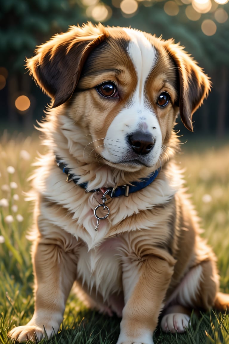 (best quality, 4k, 8k, highres, masterpiece:1.2), ultra-detailed, (realistic, photorealistic, photo-realistic:1.37), dog, pet, adorable, cute, lively, friendly, playful, doggy eyes, fluffy fur, happy expression, small size, curled tail, pointy ears, puppy, paws, snout, puppy breath, chubby cheeks, wagging tail, soft nose, puppy love, warm-hearted, loyal companion, joyful, fun-loving, running in the meadow, grass, beautiful sunny day, family pet, symbol of happiness, portrait style, vivid colors, shades of brown, bokeh lighting.