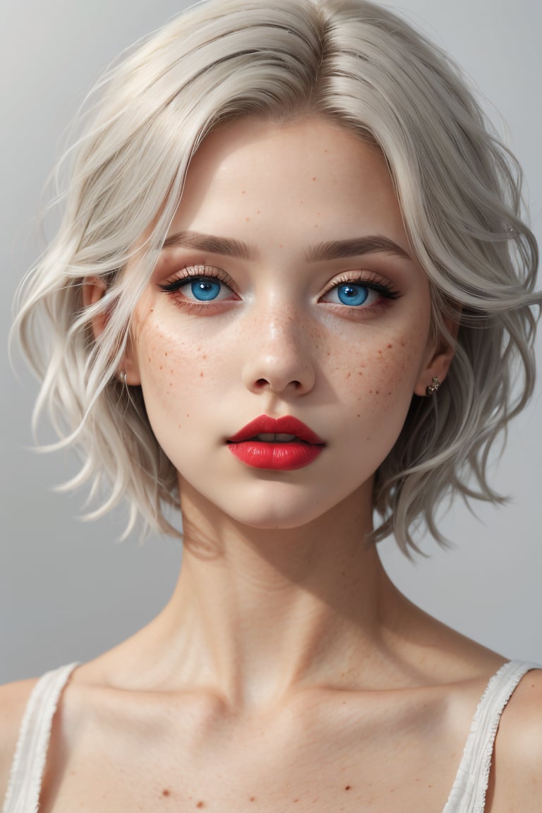 (best quality, 4k, 8k, highres, masterpiece:1.2), ultra-detailed, (realistic, photorealistic, photo-realistic:1.37), 1girl,solo,looking at viewer,short hair,blue eyes,blonde hair,simple background,white background,white hair,parted lips,grey background,makeup,lipstick,portrait,freckles,realistic,red lips