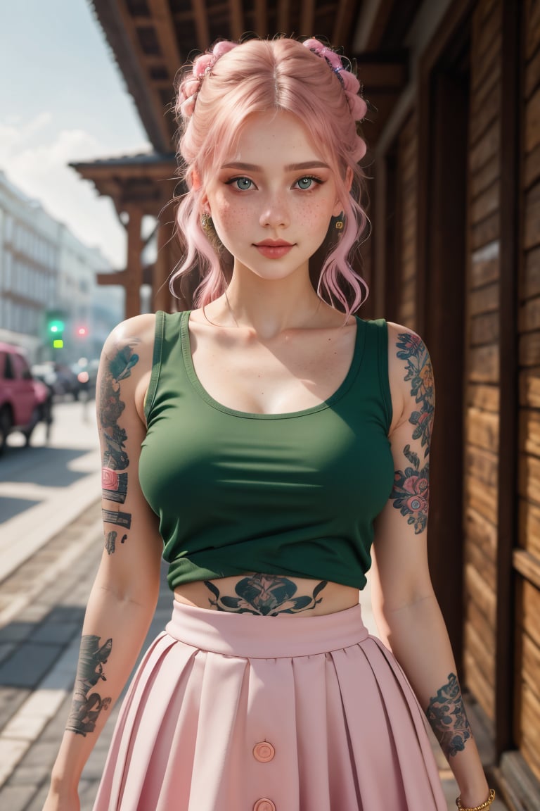 (best quality,8K,highres,masterpiece), ultra-detailed, (realistic portrait), ((27-year-old Russian girl)) with a gorgeous and cute appearance. Capture her with a ((smirk)) and highlighting her ((freckles)). She should be wearing a ((green top and pink skirt)). In the background, include a young girl in a green top and pink skirt for context. This should be a ((masterpiece)) with a ((best_quality)) in ultra-high resolution, both ((4K)) and ((8K)), incorporating ((HDR)) for added vibrancy. Utilize a ((Kodak Portra 400 lens)) to achieve a professional and timeless quality. Emphasize a ((blurry background)) with a touch of ((bokeh)) and ((lens flare)) for artistic effect. Enhance ((vibrant colors)) for a lively appearance. Ensure the photograph is ((ultra-detailed)) and showcases ((absurdres)) details. Pay extra attention to capturing the ((beautiful face)) of the subject, focusing on features such as ((large breasts)) and a ((narrow waist)). Highlight any ((tattoos)) present. The goal is to create a ((professional photograph)) that is both visually striking and technically superb.