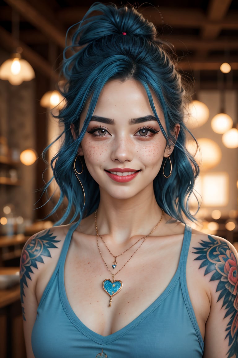 (best quality, 4k, 8k, highres, masterpiece:1.2), ultra-detailed, (realistic, photorealistic, photo-realistic:1.37), 1girl,solo,breasts,looking at viewer,smile,cleavage,bare shoulders,brown eyes,jewelry,medium breasts,blue hair,collarbone,upper body,heart,teeth,medium hair,necklace,mole,grin,blurry,lips,tattoo,blurry background,thick eyebrows,tank top,messy hair,forehead,freckles,realistic,nose,arm tattoo,shoulder tattoo,heart necklace,mascara,mole on cheek